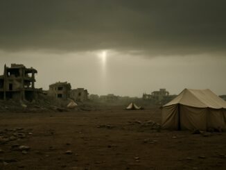 Desolate landscape with tents and ruined buildings.
