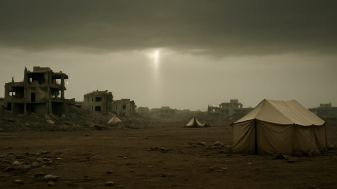 Desolate landscape with tents and ruined buildings. Desolate landscape with tents and ruined buildings.