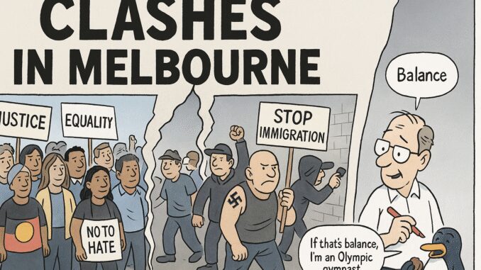 Protesters clash over immigration in Melbourne cartoon. Protesters clash over immigration in Melbourne cartoon.