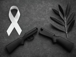 White ribbon, broken gun, olive branch.