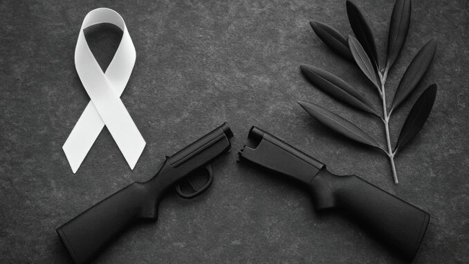 White ribbon, broken gun, olive branch. White ribbon, broken gun, olive branch.