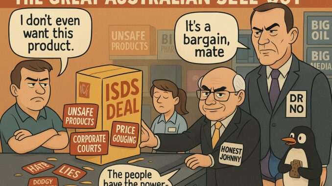 Cartoon satire on Australian trade deals. Cartoon satire on Australian trade deals.