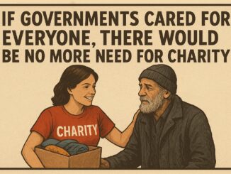 Person giving charity box to an elderly man.