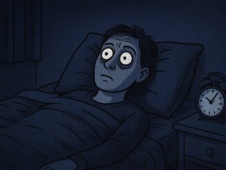Person wide awake in bed at night.