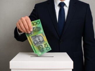 Man placing Australian dollar into donation box.