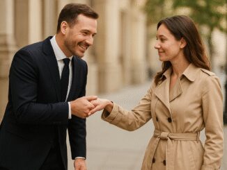 Man greeting woman with a handshake outdoors.