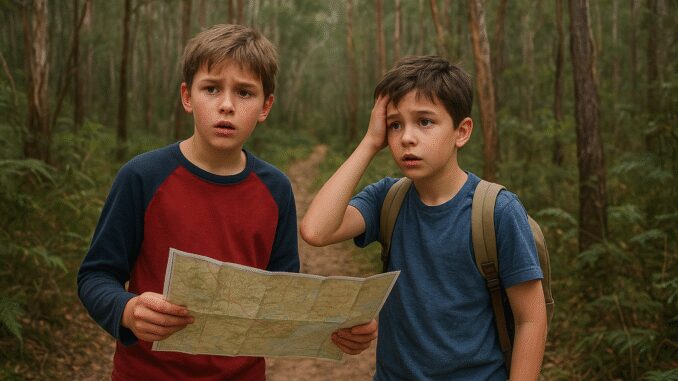 Two boys with map in forest.