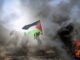 Protester holds Palestinian flag amid smoke and fire.