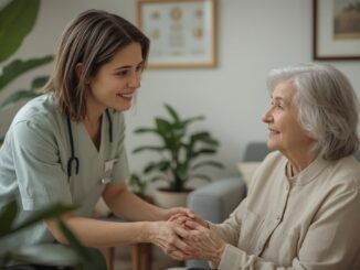 Care worker warmly speaking with senior woman