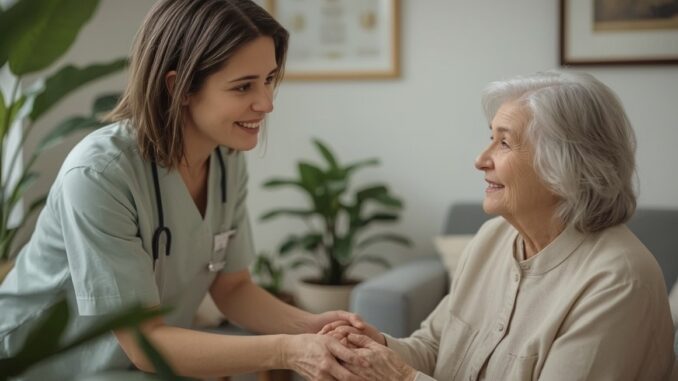 Care worker warmly speaking with senior woman