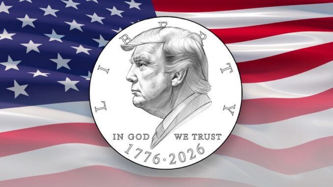 Coin with profile, American flag background. Coin with profile, American flag background.