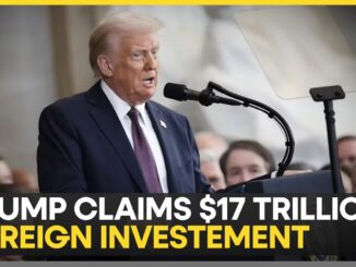 Man speaking at podium, news headline overlay.