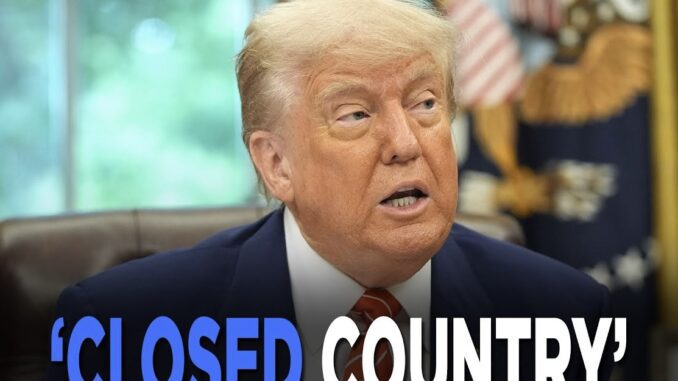 Man speaking with "Closed Country" text overlay. Man speaking with "Closed Country" text overlay.