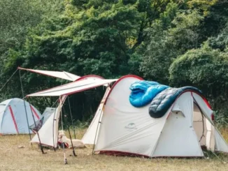 Camping tents with sleeping bag in forest.