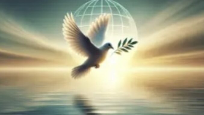 Dove with olive branch, glowing globe background. Dove with olive branch, glowing globe background.