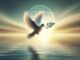 Dove with olive branch, glowing globe background.