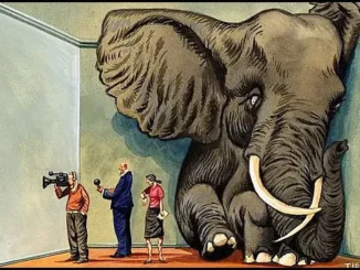 Elephant in room with oblivious people.