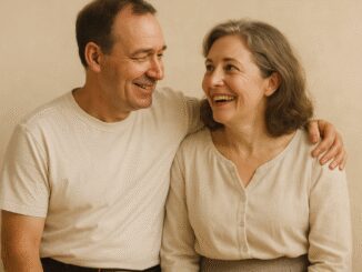 Smiling couple embracing and looking at each other.