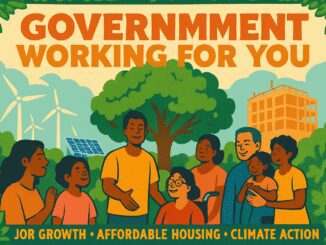 Community gathering with environmental themes illustrated.