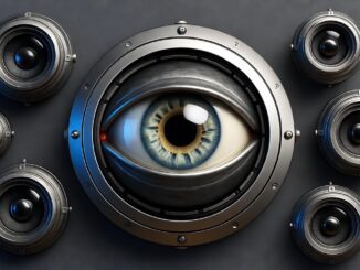 Metallic eye surrounded by six camera lenses.