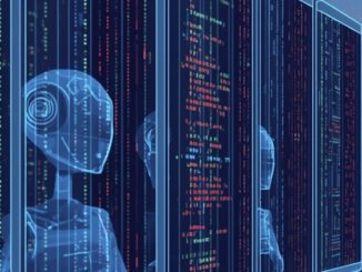Digital robots with code on screens.