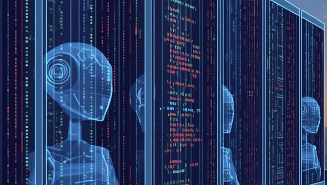 Digital robots with code on screens. Digital robots with code on screens.