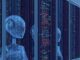 Digital robots with code on screens.