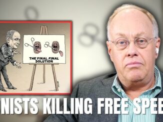 Man beside cartoon, "Zionists Killing Free Speech.