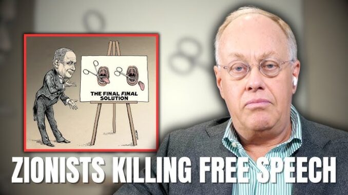 Man beside cartoon, "Zionists Killing Free Speech.