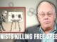Man beside cartoon, "Zionists Killing Free Speech.