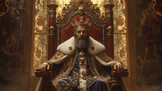 Regal king seated on ornate throne. Regal king seated on ornate throne.