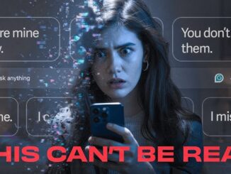Woman shocked by phone messages, digital distortion.