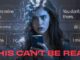 Woman shocked by phone messages, digital distortion.