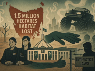 Environmental protest illustration with deforestation, corporations, laws.