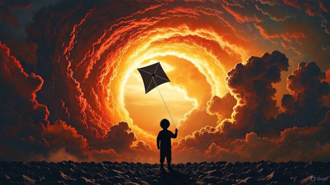 Child with kite beneath dramatic, fiery sky.