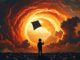 Child with kite beneath dramatic, fiery sky.