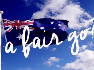 Australian flag with "a fair go?" text.