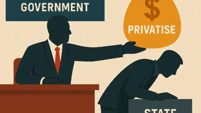 Government privatizing state public assets illustration. Government privatizing state public assets illustration.