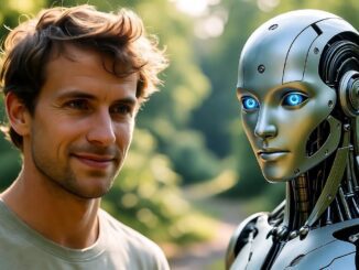 Man standing next to futuristic humanoid robot.