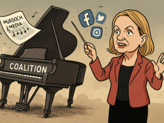 Woman conducting piano labeled "Coalition".
