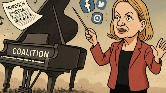 Woman conducting piano labeled "Coalition".