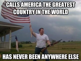 Man holding flag and rifle, humorous text.