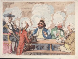 Men smoking pipes around a table, illustrated.