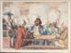 Men smoking pipes around a table, illustrated.
