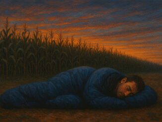 Man sleeping by cornfield at sunset.