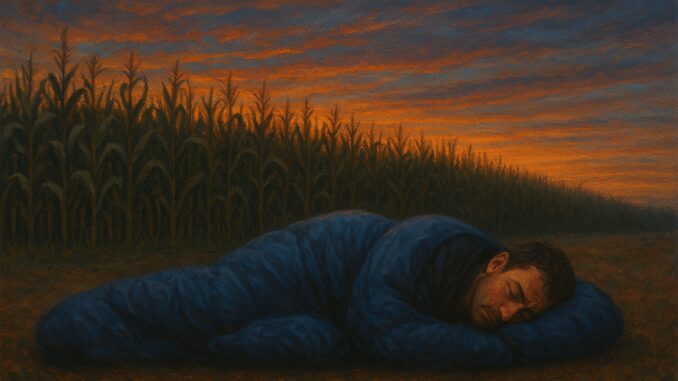 Man sleeping by cornfield at sunset.
