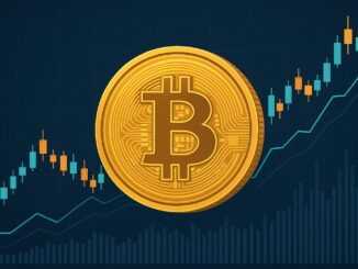 Bitcoin symbol with rising stock chart background.