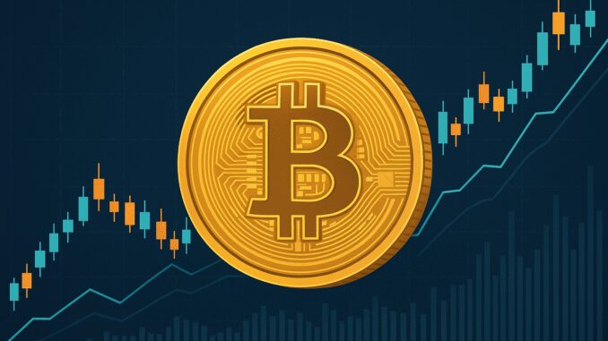 Bitcoin symbol with rising stock chart background. Bitcoin symbol with rising stock chart background.