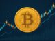 Bitcoin symbol with rising stock chart background.