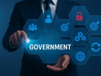 Government-related icons with a businessman interacting.